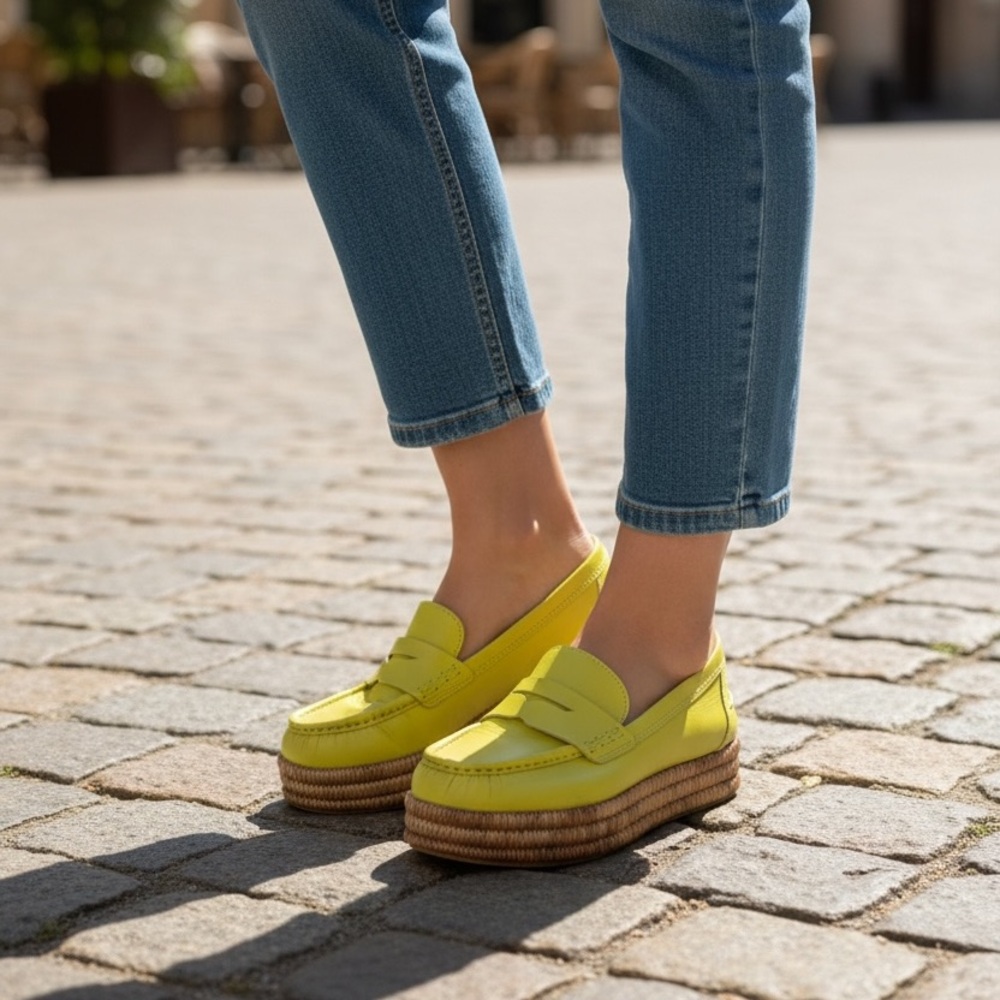 Women’s Lime Green Leather Moccasins - Picture 4 of 6